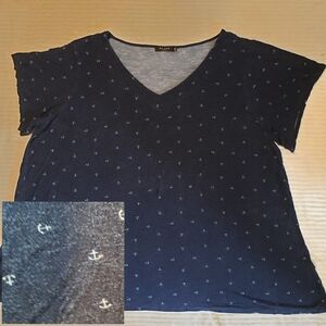 Max Jeans Blue Navy Nautical Anchor Print Soft Short Sleeve V Neck T Shirt 2X